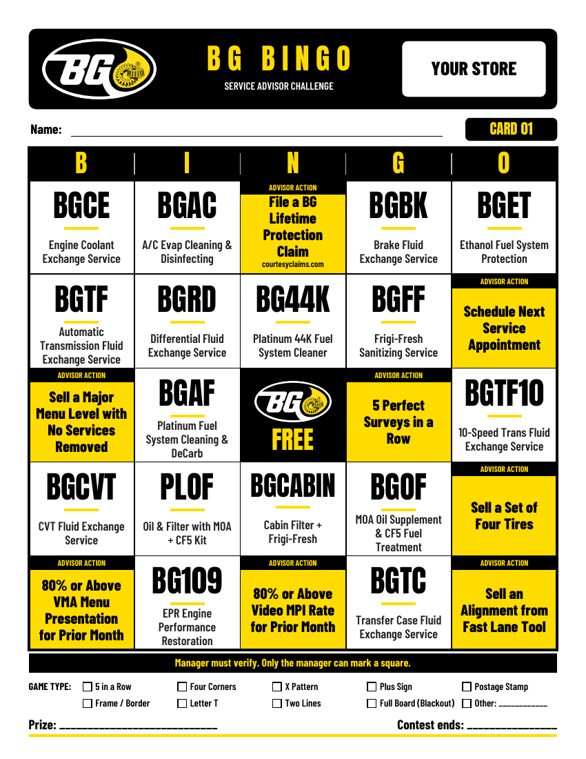 Sample BGBingo card